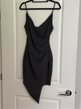 Okakie Grey Asymmetric Slip Dress with Draped Front